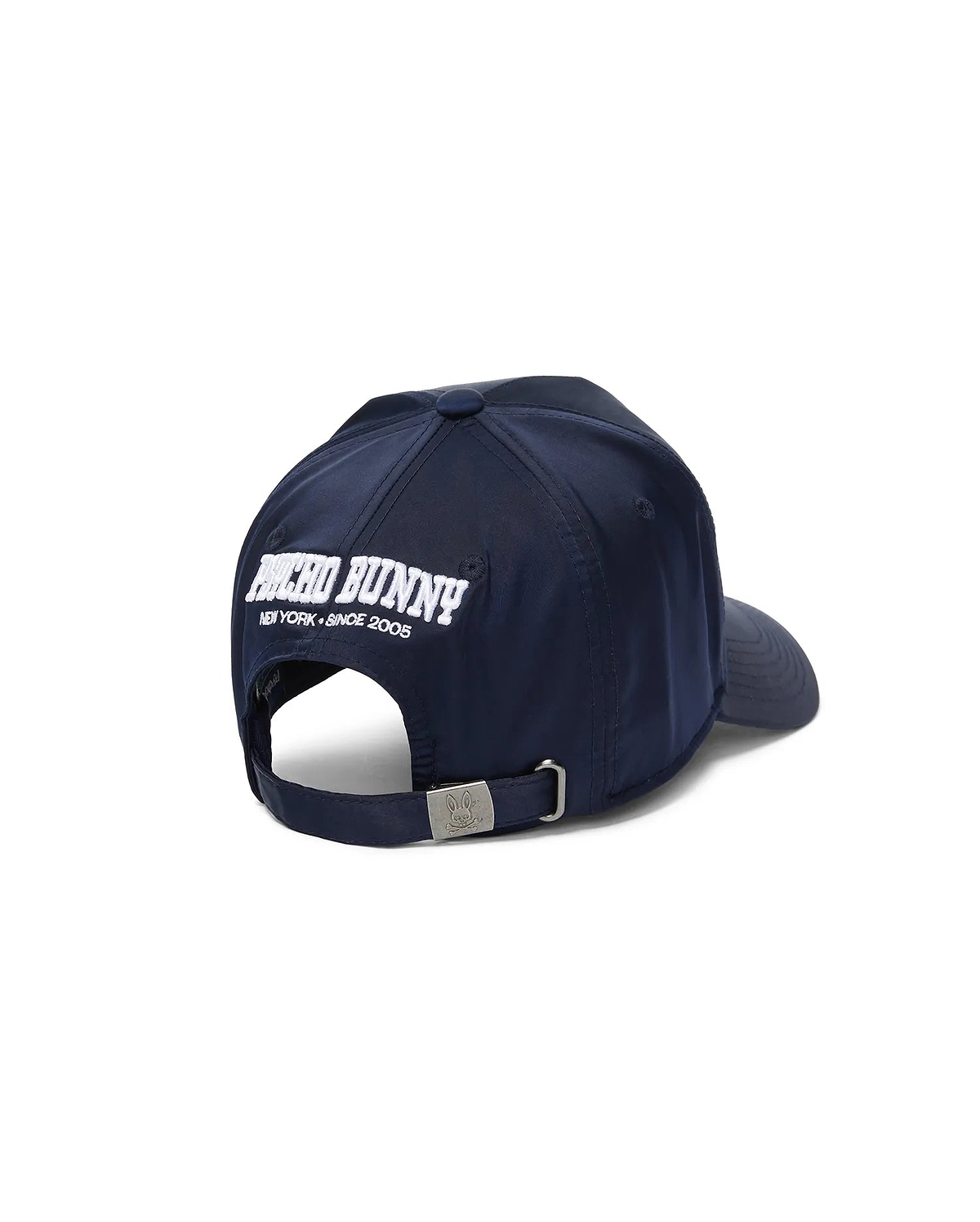 Mens Finnley A-Frame Trucker Cap in navy, featuring large white embroidered Psycho Bunny text and New York Since 2005 on the back, with a silver buckle engraved with the bunny skull logo.