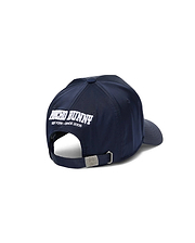 Mens Finnley A-Frame Trucker Cap in navy, featuring large white embroidered Psycho Bunny text and New York Since 2005 on the back, with a silver buckle engraved with the bunny skull logo.
