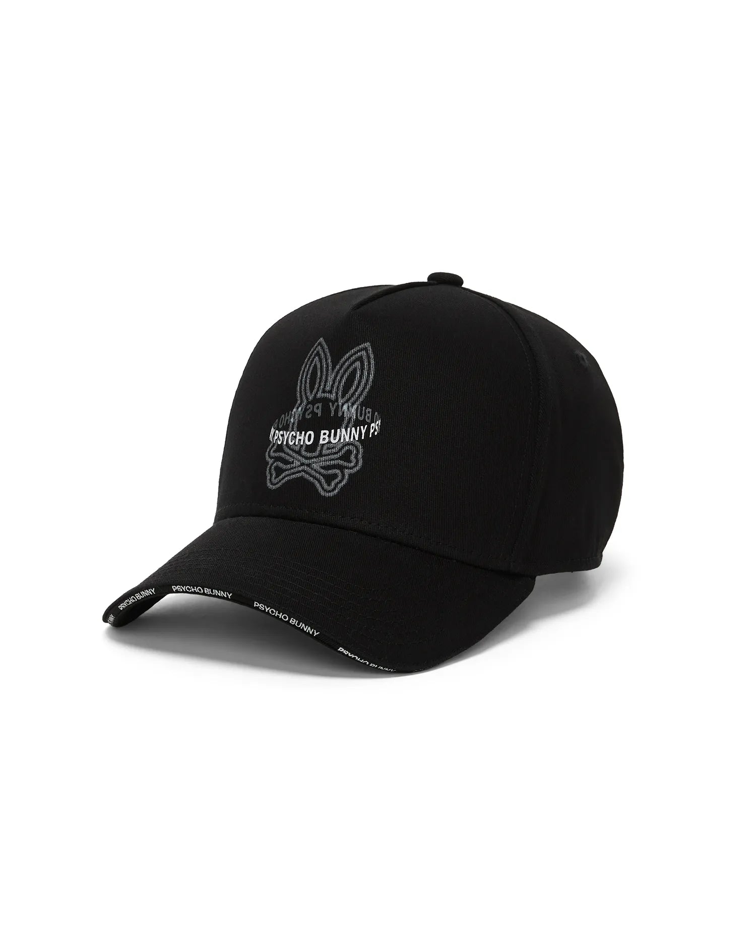 Mens Alex A-Frame Trucker Cap in black, featuring a large white and grey embroidered Psycho Bunny skull logo on the front and repeated white Psycho Bunny text on the brim.