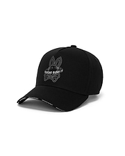 Mens Alex A-Frame Trucker Cap in black, featuring a large white and grey embroidered Psycho Bunny skull logo on the front and repeated white Psycho Bunny text on the brim.