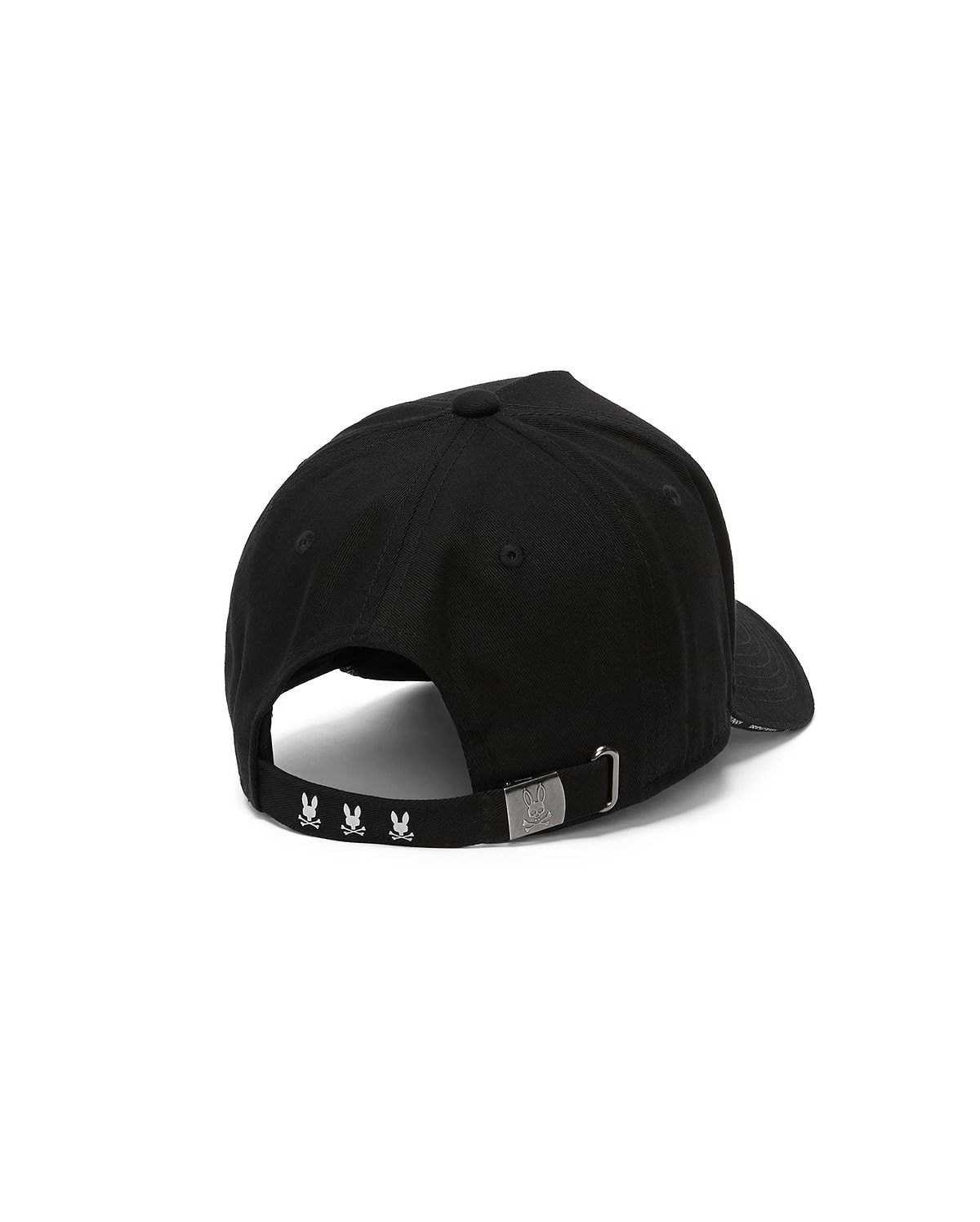 Black Mens Alex A-Frame Trucker Cap with three white embroidered Psycho Bunny skull logos on the adjustable back strap and an embossed bunny skull on the silver buckle.