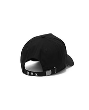Black Mens Alex A-Frame Trucker Cap with three white embroidered Psycho Bunny skull logos on the adjustable back strap and an embossed bunny skull on the silver buckle.