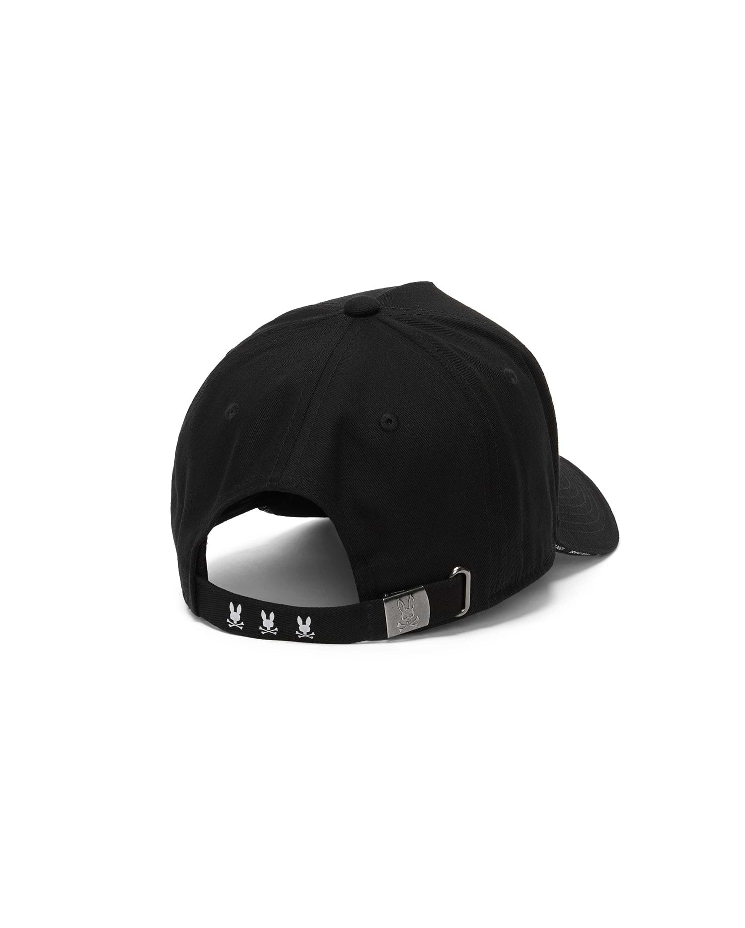 Black Mens Alex A-Frame Trucker Cap with three white embroidered Psycho Bunny skull logos on the adjustable back strap and an embossed bunny skull on the silver buckle.