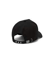 Black Mens Alex A-Frame Trucker Cap with three white embroidered Psycho Bunny skull logos on the adjustable back strap and an embossed bunny skull on the silver buckle.