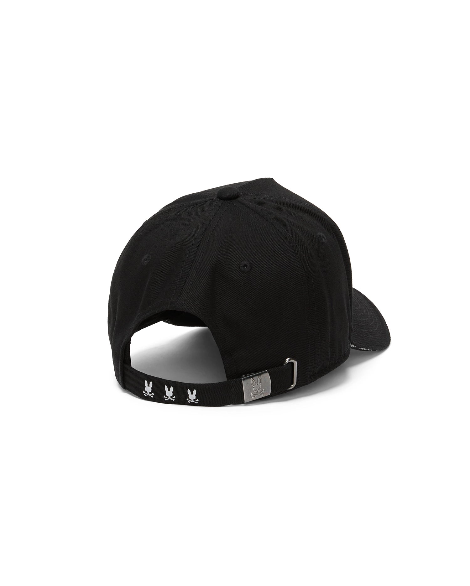 Black Mens Alex A-Frame Trucker Cap with three white embroidered Psycho Bunny skull logos on the adjustable back strap and an embossed bunny skull on the silver buckle.