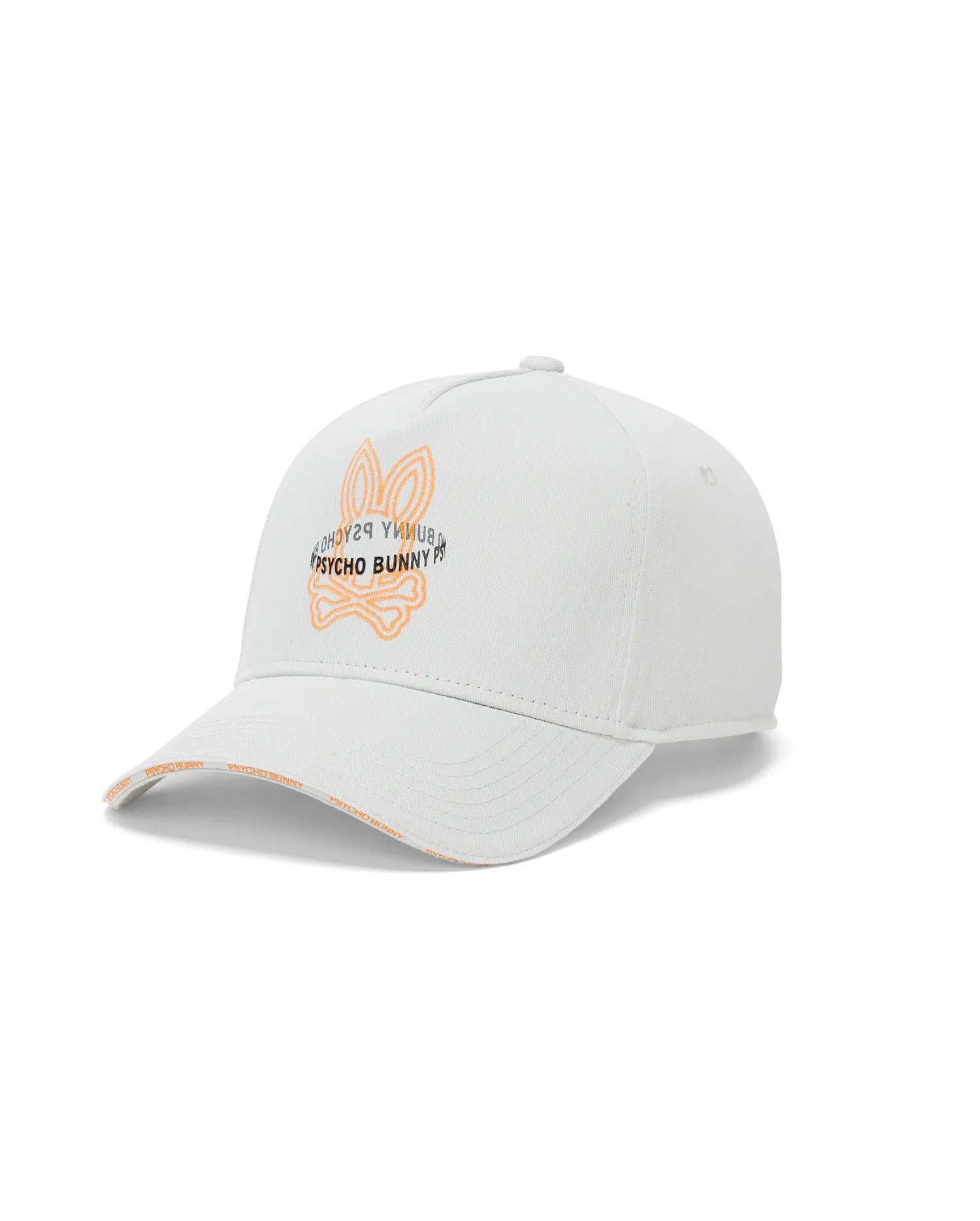 Mens Alex A-Frame Trucker Cap in white, featuring a large orange outlined bunny skull logo with black Psycho Bunny text on the front, and repeated orange Psycho Bunny text on the brim.