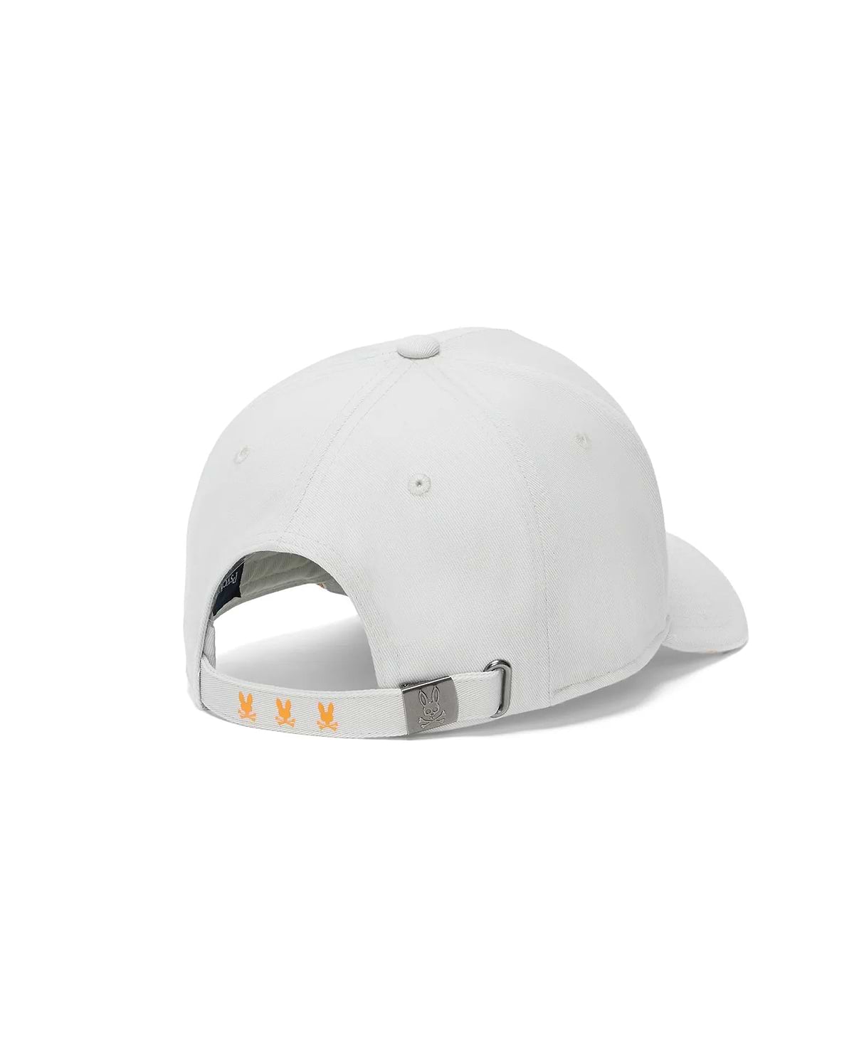 Mens Alex A-Frame Trucker Cap in white twill, featuring a silver buckle with an engraved bunny skull logo and three small orange embroidered bunny skull logos on the adjustable back strap.