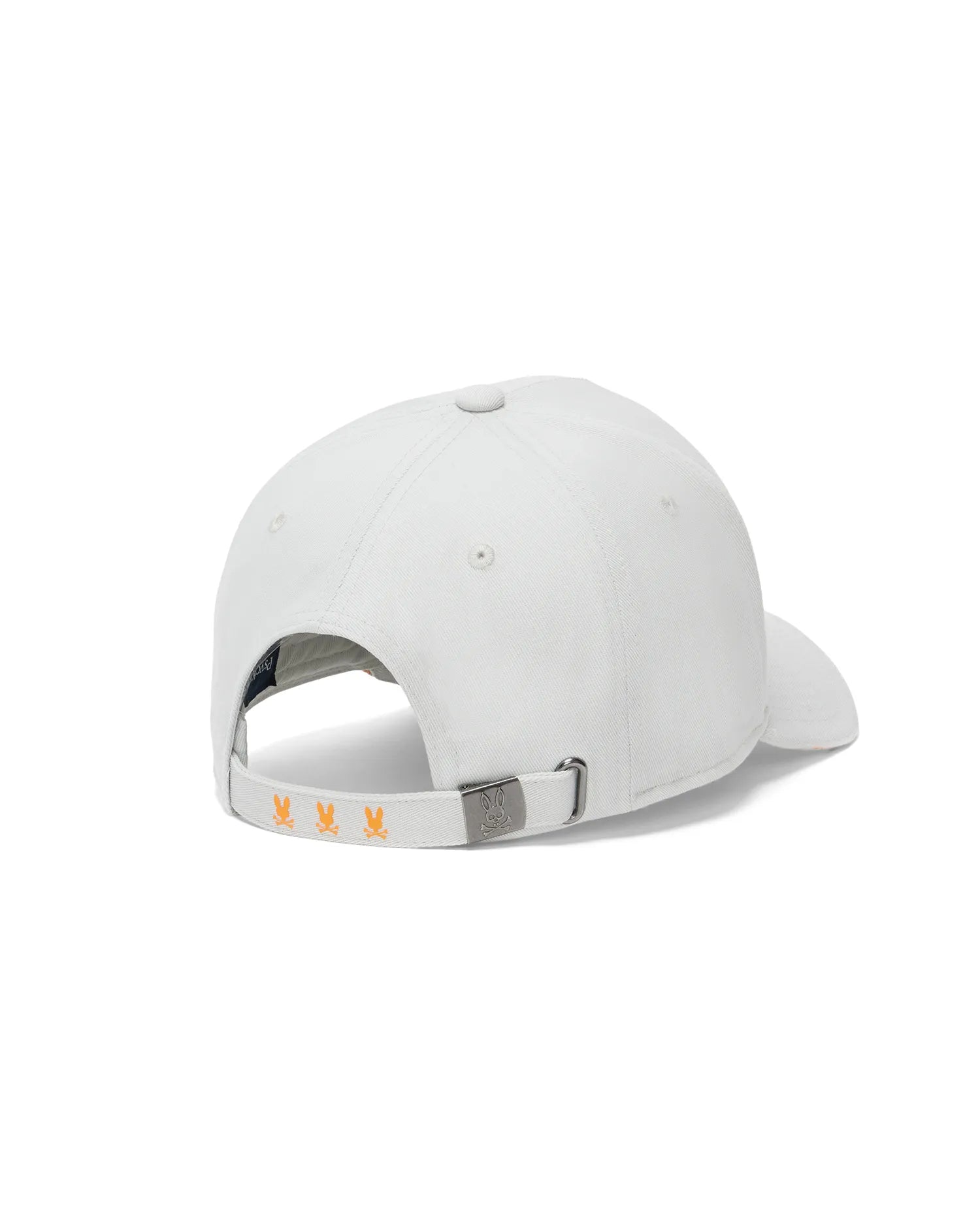 Mens Alex A-Frame Trucker Cap in white twill, featuring a silver buckle with an engraved bunny skull logo and three small orange embroidered bunny skull logos on the adjustable back strap.