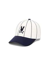 Mens Nathaniel Soft Baseball Cap featuring a cream crown with vertical navy dash stitching, a navy brim, and a front-center embroidered navy Psycho Bunny skull logo.