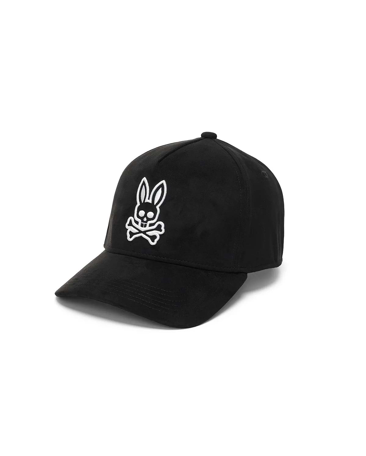 Mens Kenneth A-Frame Trucker Cap in black, featuring a prominent white embroidered Psycho Bunny skull logo on the front, crafted from smooth, durable fabric.