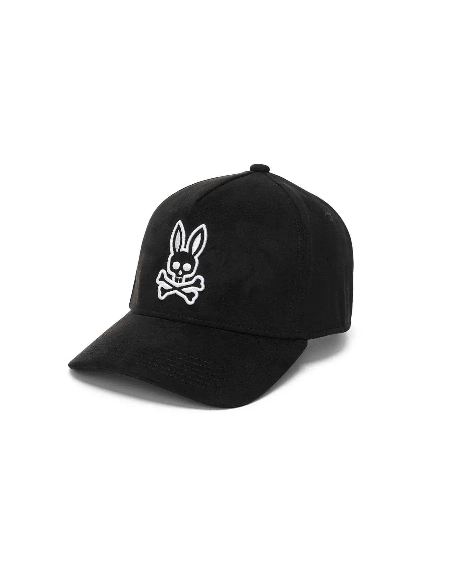 Mens Kenneth A-Frame Trucker Cap in black, featuring a prominent white embroidered Psycho Bunny skull logo on the front, crafted from smooth, durable fabric.