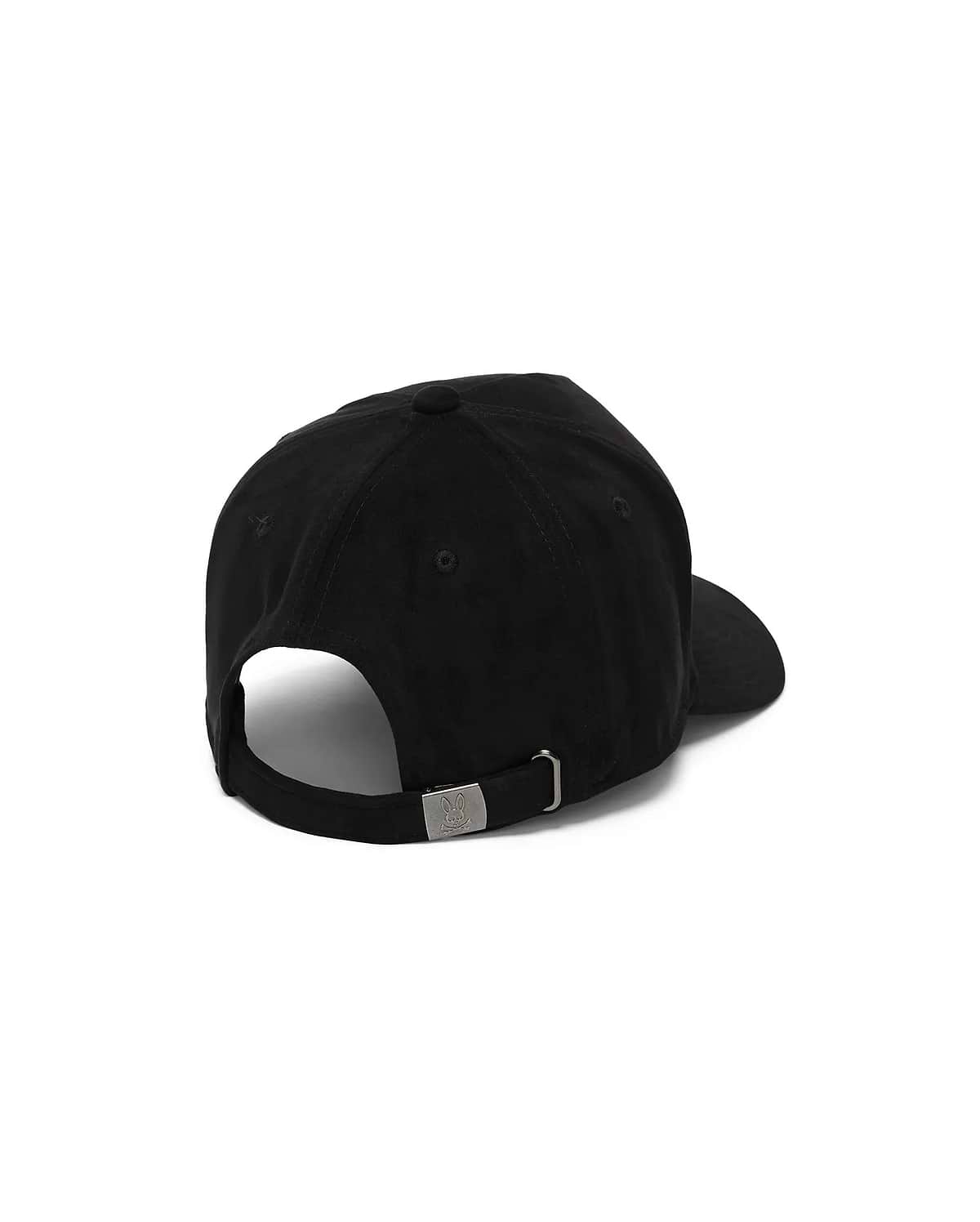 Mens Kenneth A-Frame Trucker Cap in black, featuring a smooth twill texture, an adjustable back strap with a gunmetal buckle, and a small embossed Psycho Bunny skull logo.