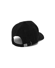 Mens Kenneth A-Frame Trucker Cap in black, featuring a smooth twill texture, an adjustable back strap with a gunmetal buckle, and a small embossed Psycho Bunny skull logo.