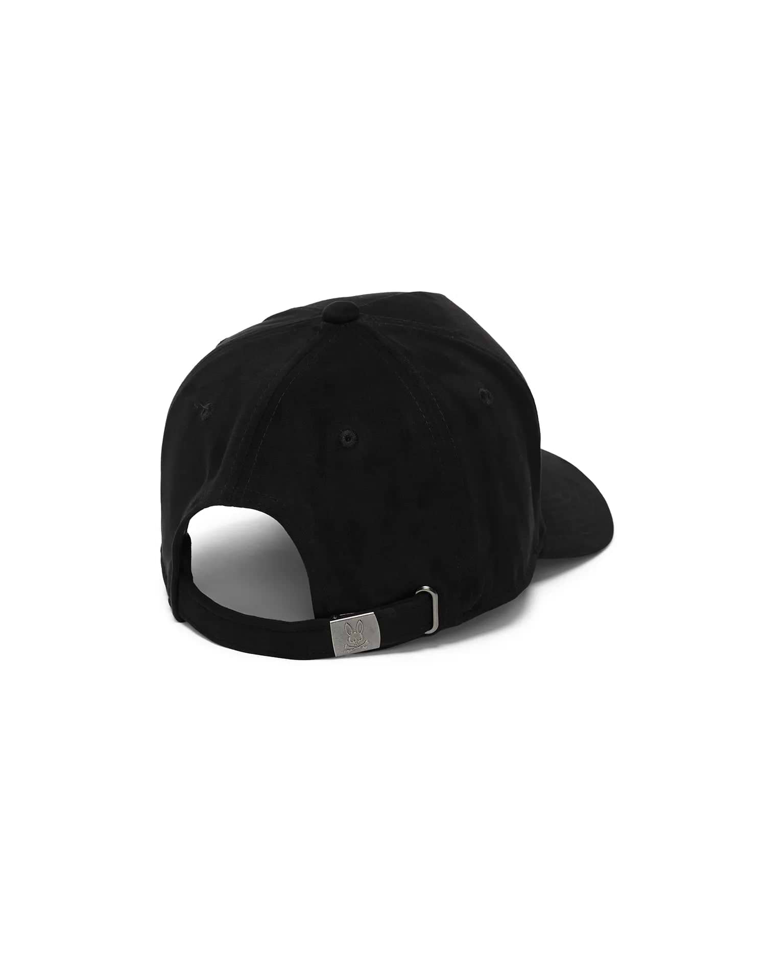 Mens Kenneth A-Frame Trucker Cap in black, featuring a smooth twill texture, an adjustable back strap with a gunmetal buckle, and a small embossed Psycho Bunny skull logo.