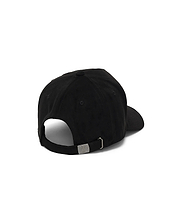 Mens Kenneth A-Frame Trucker Cap in black, featuring a smooth twill texture, an adjustable back strap with a gunmetal buckle, and a small embossed Psycho Bunny skull logo.