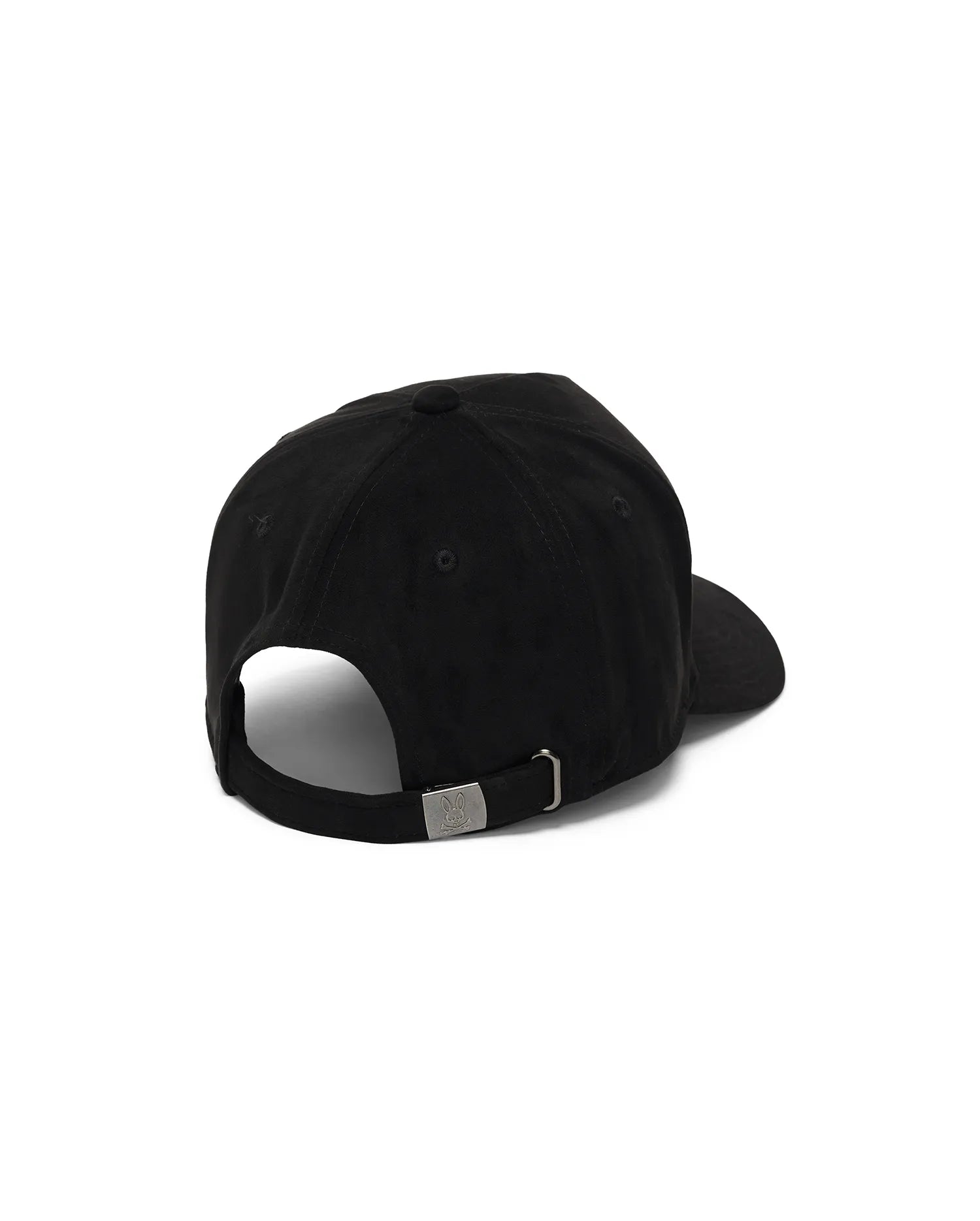 Mens Kenneth A-Frame Trucker Cap in black, featuring a smooth twill texture, an adjustable back strap with a gunmetal buckle, and a small embossed Psycho Bunny skull logo.