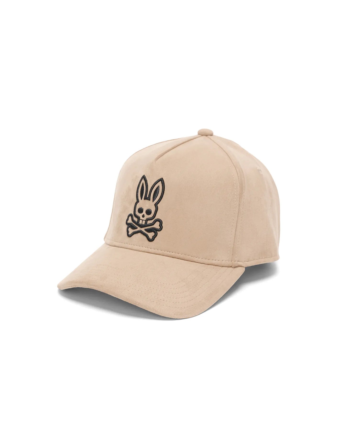 Mens Kenneth A-Frame Trucker Cap in beige, featuring a prominent black embroidered iconic Psycho Bunny skull logo on the front, with a smooth, suede-like texture.
