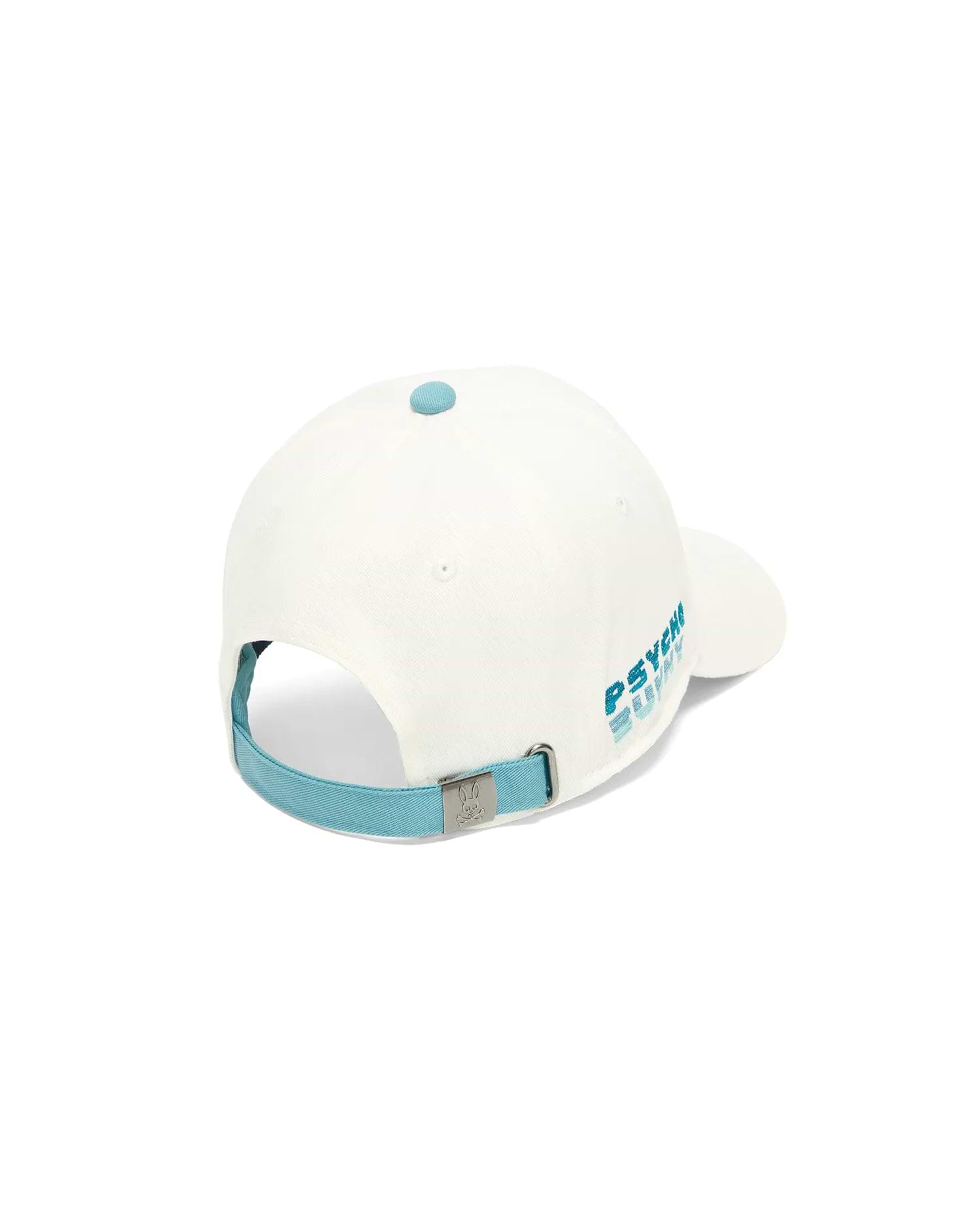 Cream cotton twill Men's Slade Baseball Cap with a light blue top button, adjustable strap, and embroidered Psycho Bunny text on the back, finished with a small bunny skull logo on the metal buckle. (4)