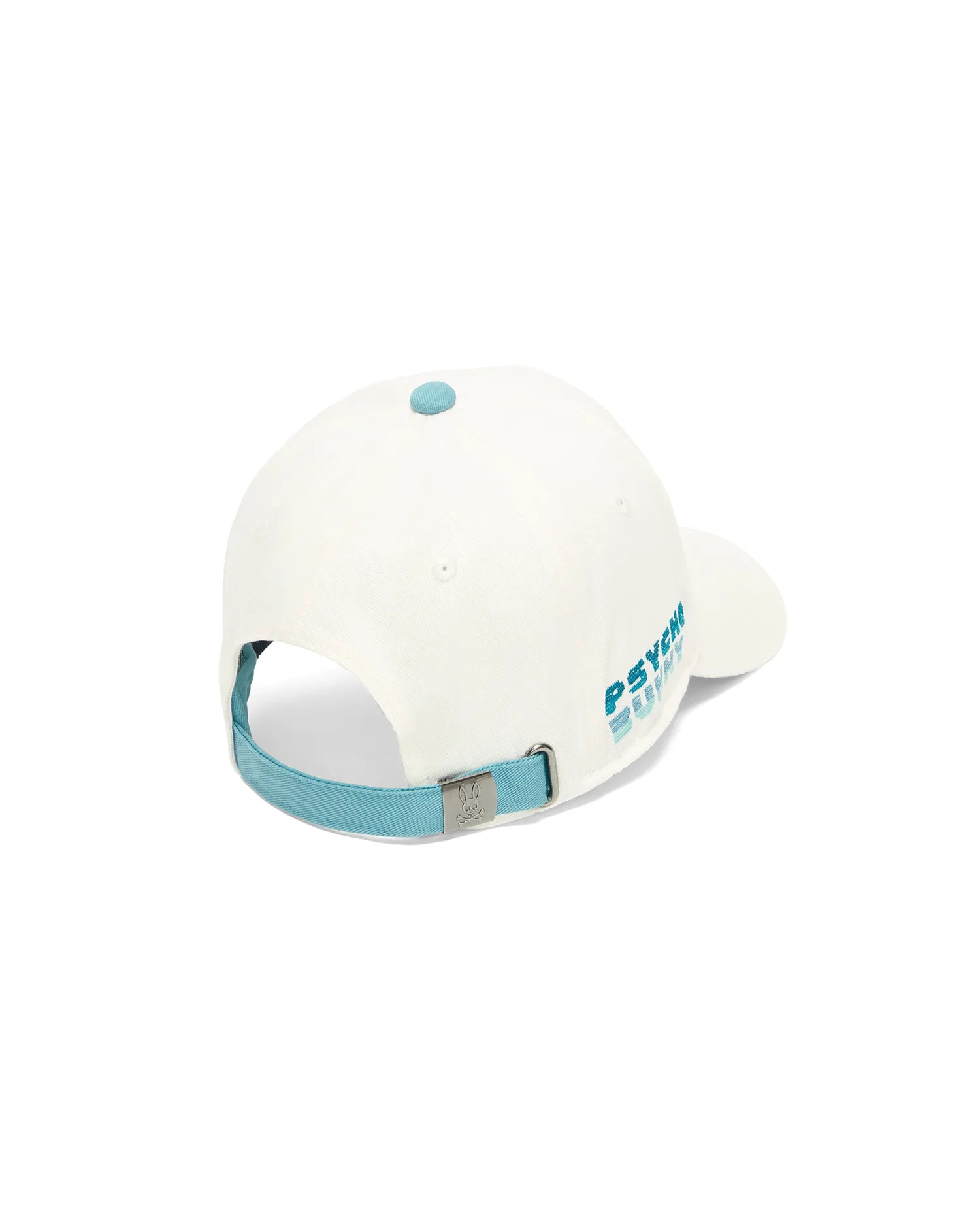 Cream cotton twill Men's Slade Baseball Cap with a light blue top button, adjustable strap, and embroidered Psycho Bunny text on the back, finished with a small bunny skull logo on the metal buckle. (4)