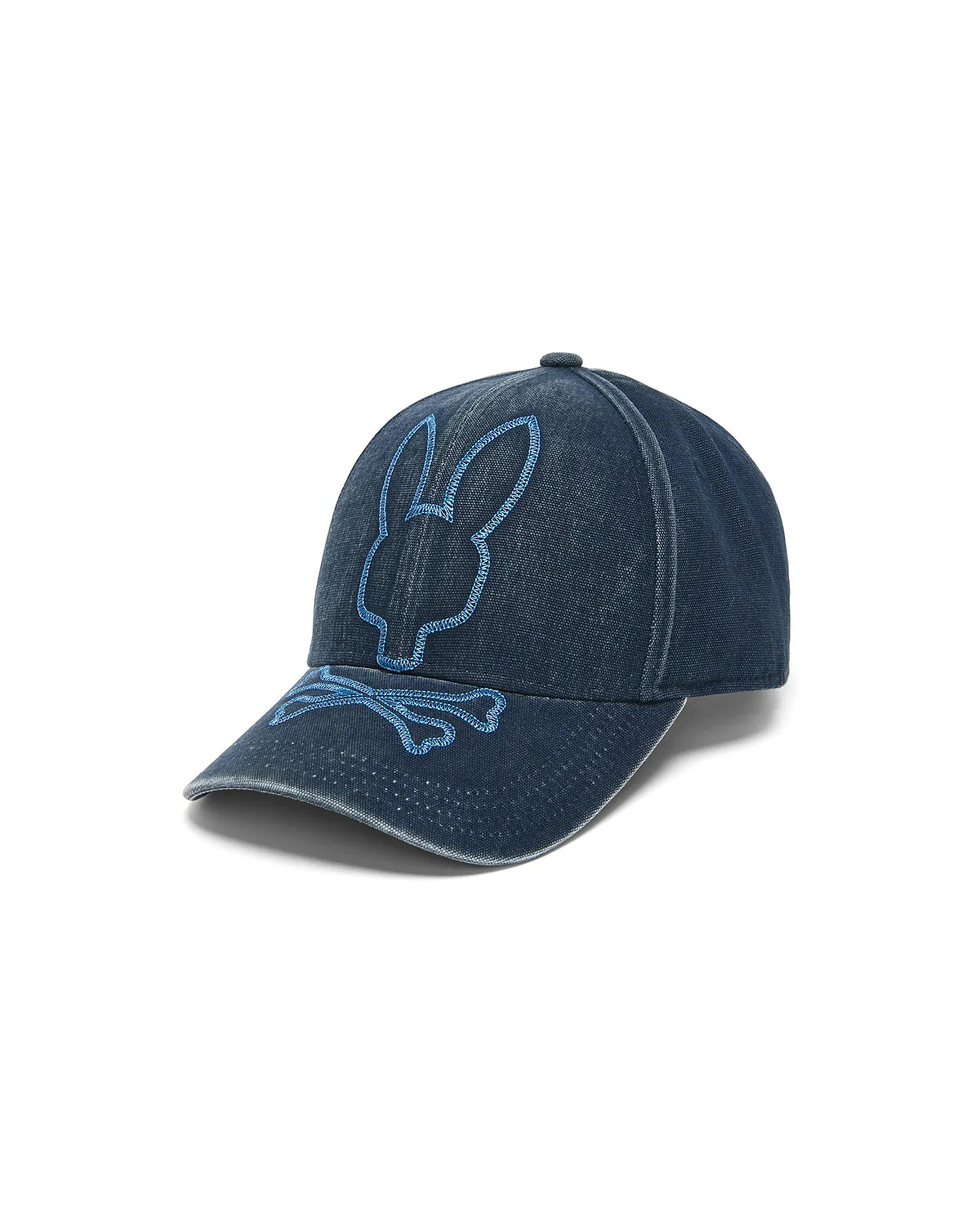 Men's Grover Baseball Cap in washed denim blue, featuring a large, light blue embroidered Psycho Bunny skull logo on the front, with a distressed texture. (2)