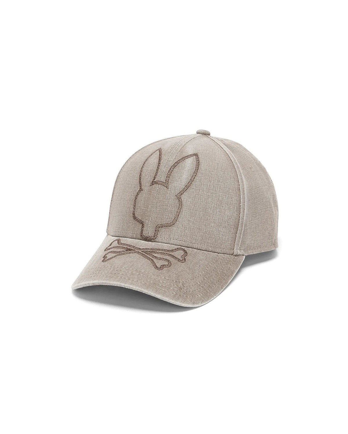 Men's Grover Baseball Cap. This classic fit cap in durable stone canvas features a prominent, large brown embroidered Psycho Bunny skull and crossbones logo centered on the front, showcasing refined streetwear style. (2)