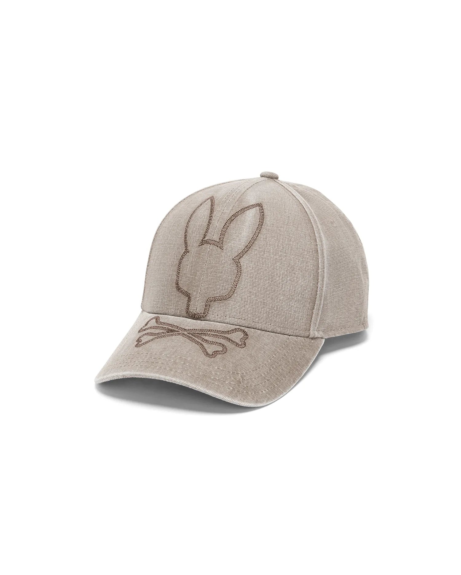 Men's Grover Baseball Cap. This classic fit cap in durable stone canvas features a prominent, large brown embroidered Psycho Bunny skull and crossbones logo centered on the front, showcasing refined streetwear style. (2)