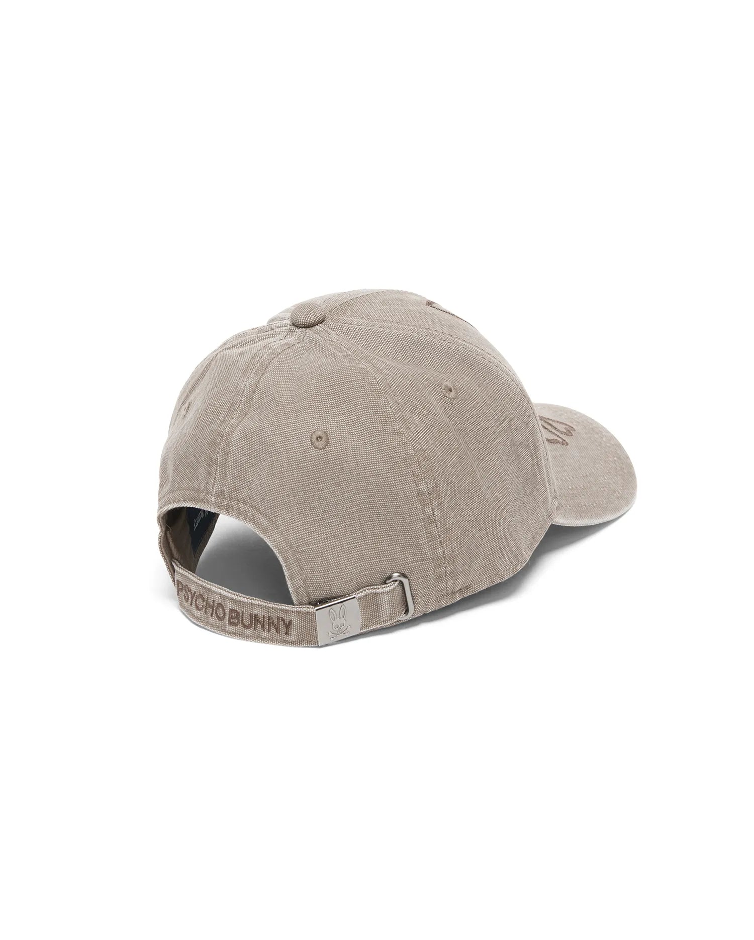 Men's Grover Baseball Cap, khaki woven fabric, with an embroidered front bunny skull, Psycho Bunny text on adjustable back strap, and bunny skull on metal buckle. (4)