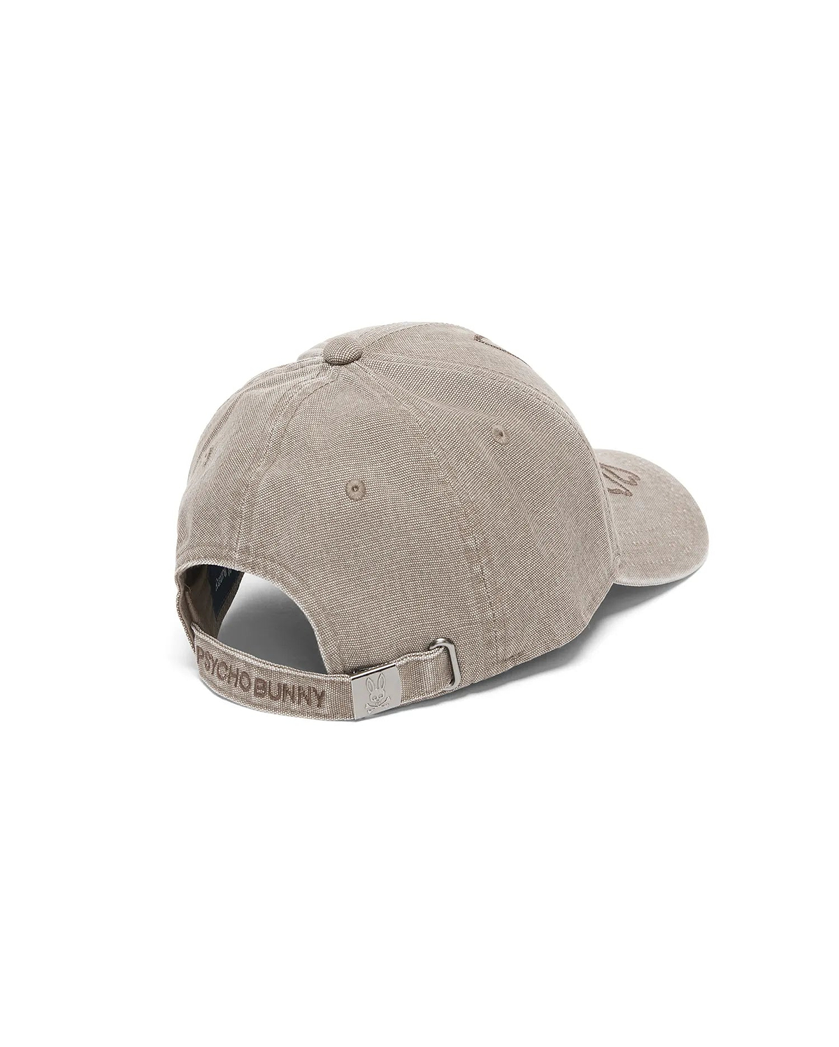 Men's Grover Baseball Cap, khaki woven fabric, with an embroidered front bunny skull, Psycho Bunny text on adjustable back strap, and bunny skull on metal buckle. (4)