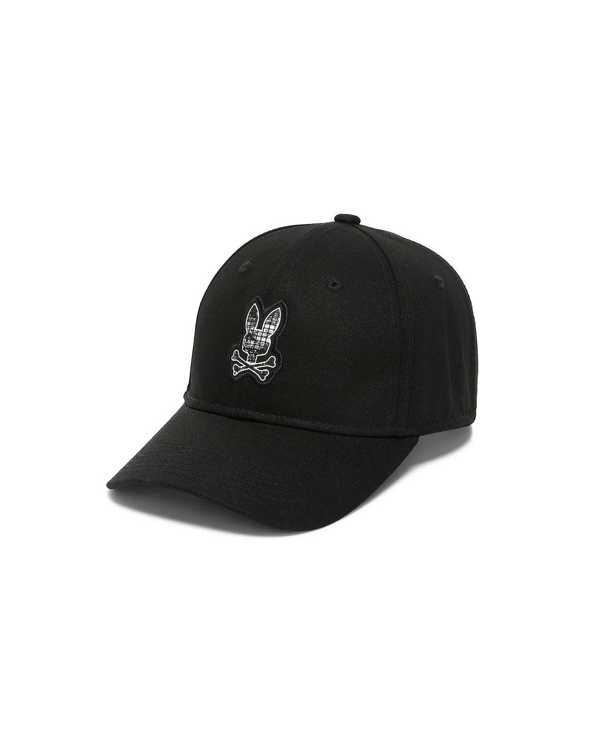 Men's Alfie Baseball Cap in black cotton twill, featuring a prominent embroidered Psycho Bunny skull logo on the front with a white and grey plaid pattern inside the bunny. (2)