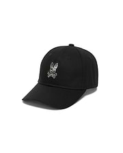 Men's Alfie Baseball Cap in black cotton twill, featuring a prominent embroidered Psycho Bunny skull logo on the front with a white and grey plaid pattern inside the bunny. (2)