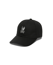 Men's Alfie Baseball Cap in black cotton twill, featuring a prominent embroidered Psycho Bunny skull logo on the front with a white and grey plaid pattern inside the bunny. (2)