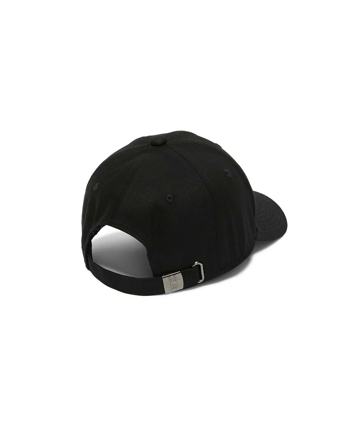Men's Alfie Baseball Cap in classic black cotton twill, featuring an adjustable strap with a sleek gunmetal Psycho Bunny skull logo engraved buckle at the back. (4)