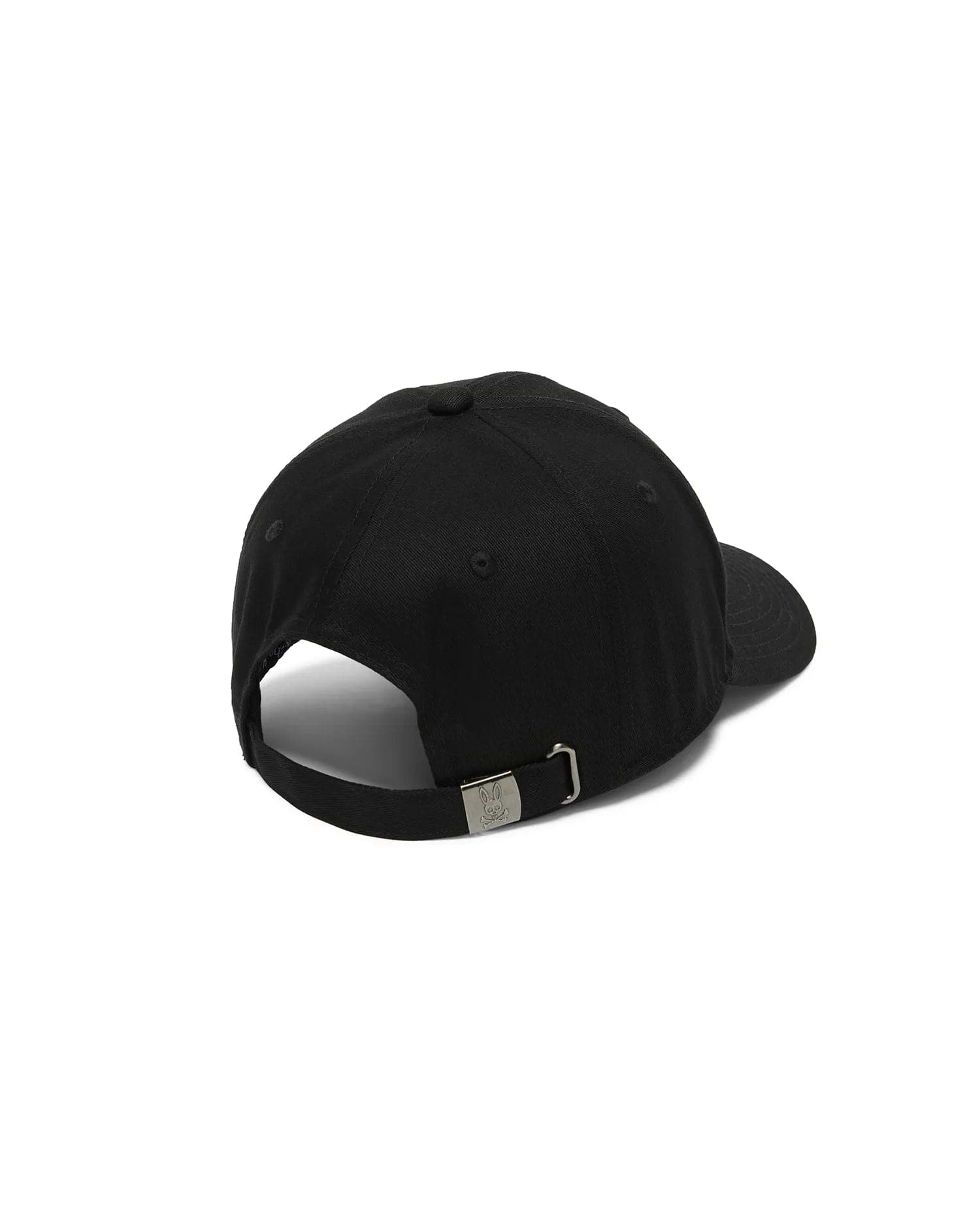 Men's Alfie Baseball Cap in classic black cotton twill, featuring an adjustable strap with a sleek gunmetal Psycho Bunny skull logo engraved buckle at the back. (4)