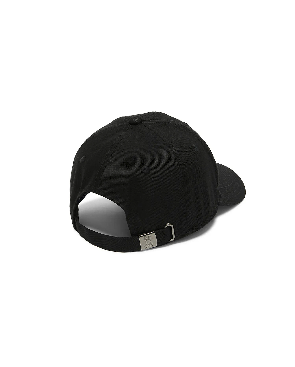 Men's Alfie Baseball Cap in classic black cotton twill, featuring an adjustable strap with a sleek gunmetal Psycho Bunny skull logo engraved buckle at the back. (4)
