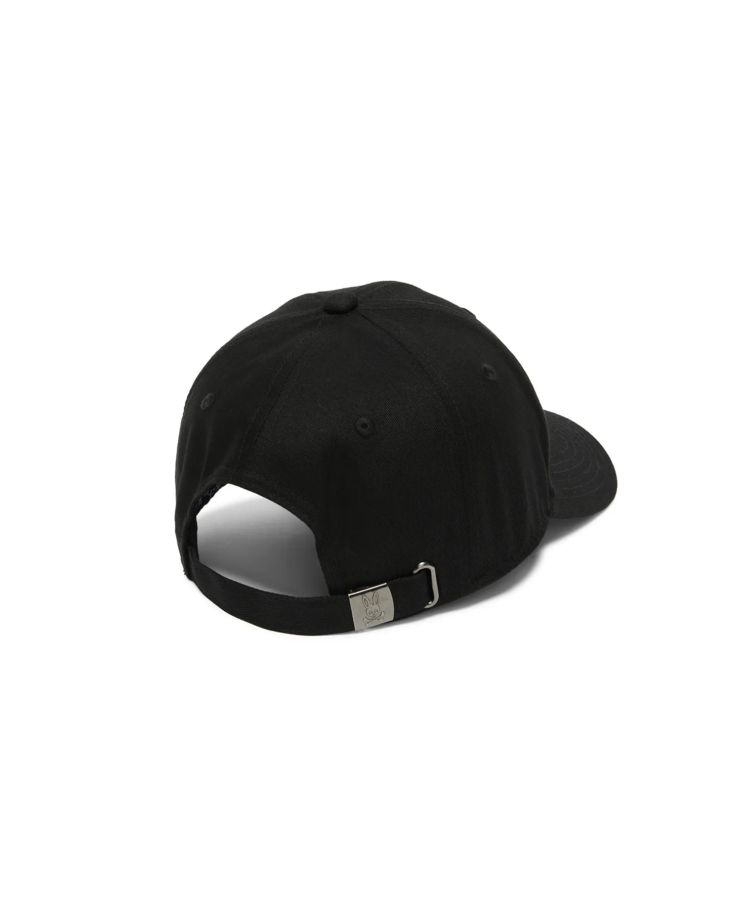Men's Alfie Baseball Cap in classic black cotton twill, featuring an adjustable strap with a sleek gunmetal Psycho Bunny skull logo engraved buckle at the back. (4)
