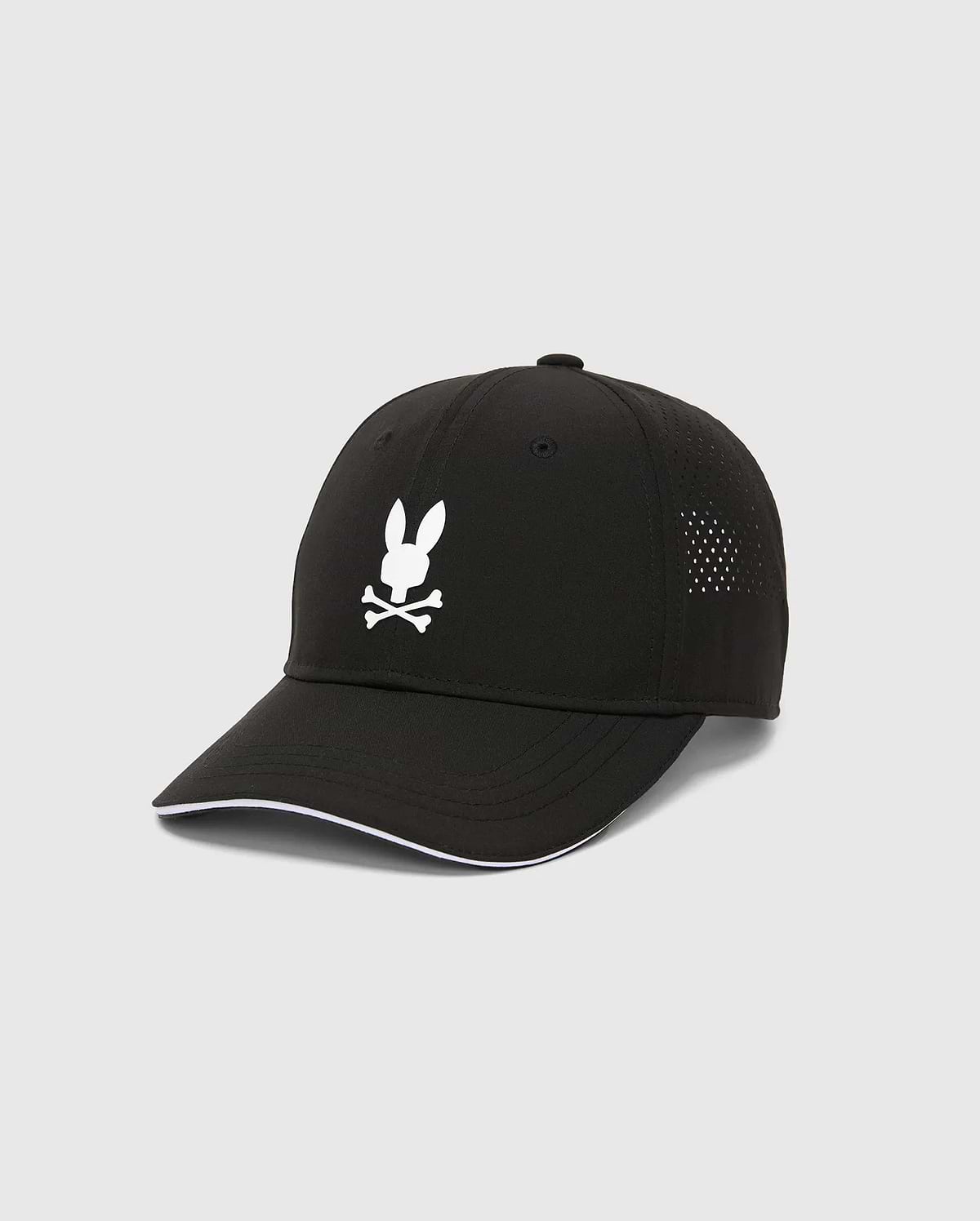 Black Mens Blaze Sport Cap featuring a large white Psycho Bunny skull logo on the front, perforated side panels, and white piping along the brim.