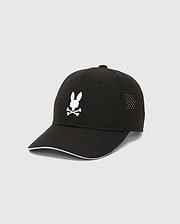 Black Mens Blaze Sport Cap featuring a large white Psycho Bunny skull logo on the front, perforated side panels, and white piping along the brim.