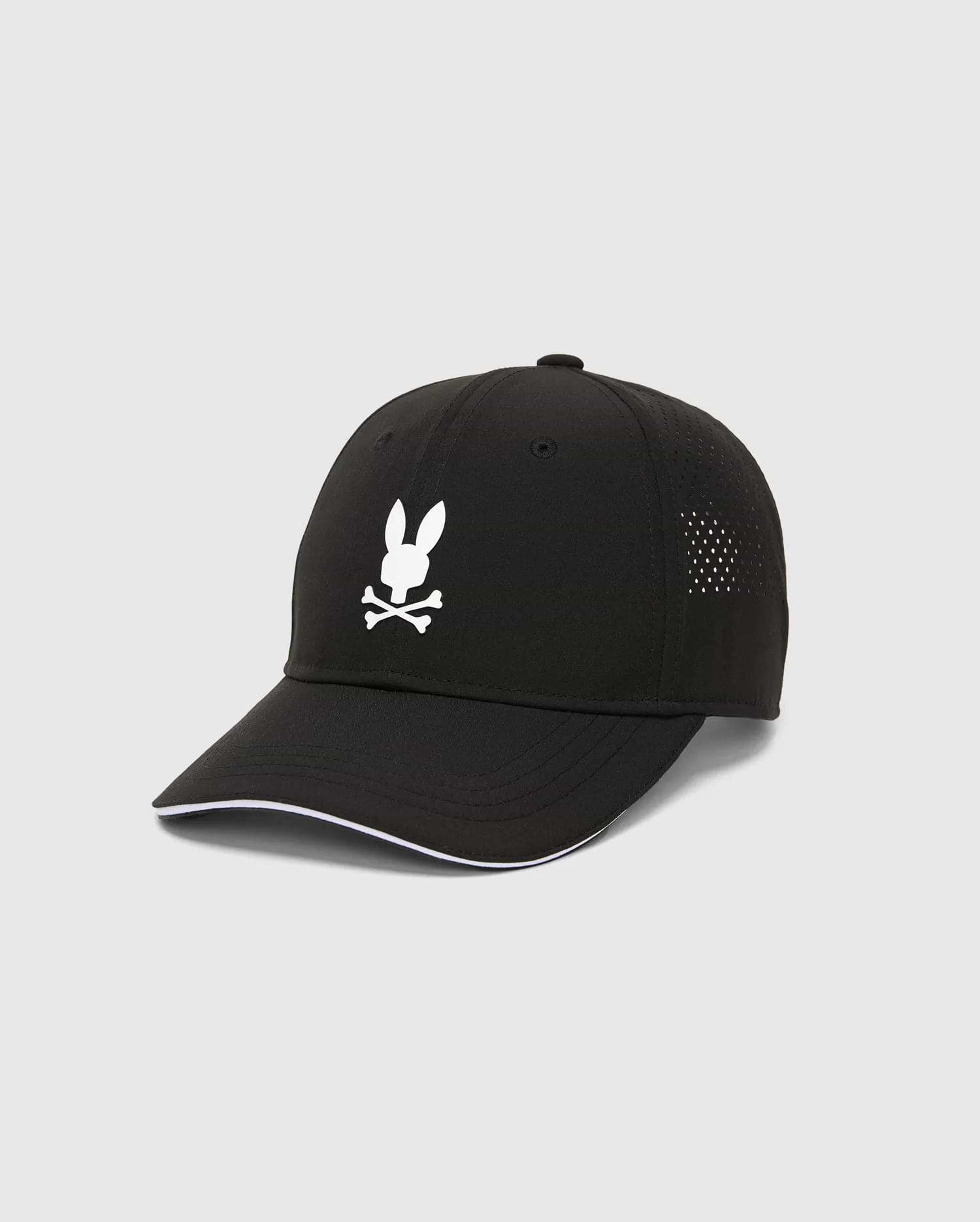 Black Mens Blaze Sport Cap featuring a large white Psycho Bunny skull logo on the front, perforated side panels, and white piping along the brim.