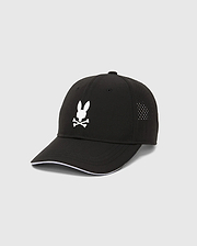 Black Mens Blaze Sport Cap featuring a large white Psycho Bunny skull logo on the front, perforated side panels, and white piping along the brim.
