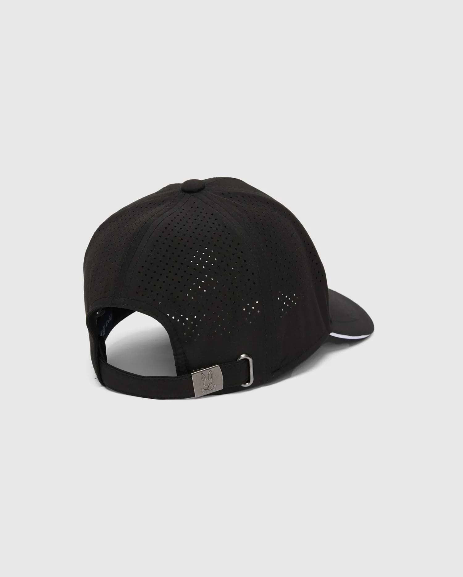 Mens Blaze Sport Cap, black perforated performance fabric with white brim trim, adjustable strap, and a small silver Psycho Bunny skull logo embossed on the metal buckle.