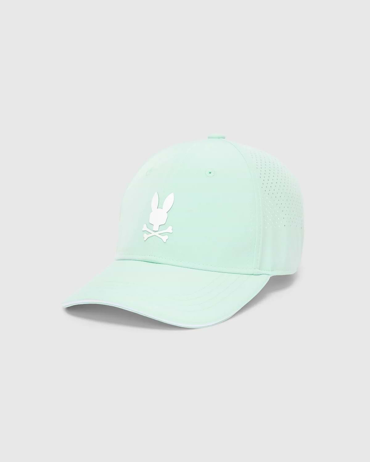 Mint green Mens Blaze Sport Cap featuring a prominent white embroidered Psycho Bunny skull logo on the front, perforated side panels, and a crisp white brim trim. (2)