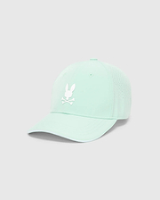 Mint green Mens Blaze Sport Cap featuring a prominent white embroidered Psycho Bunny skull logo on the front, perforated side panels, and a crisp white brim trim. (2)