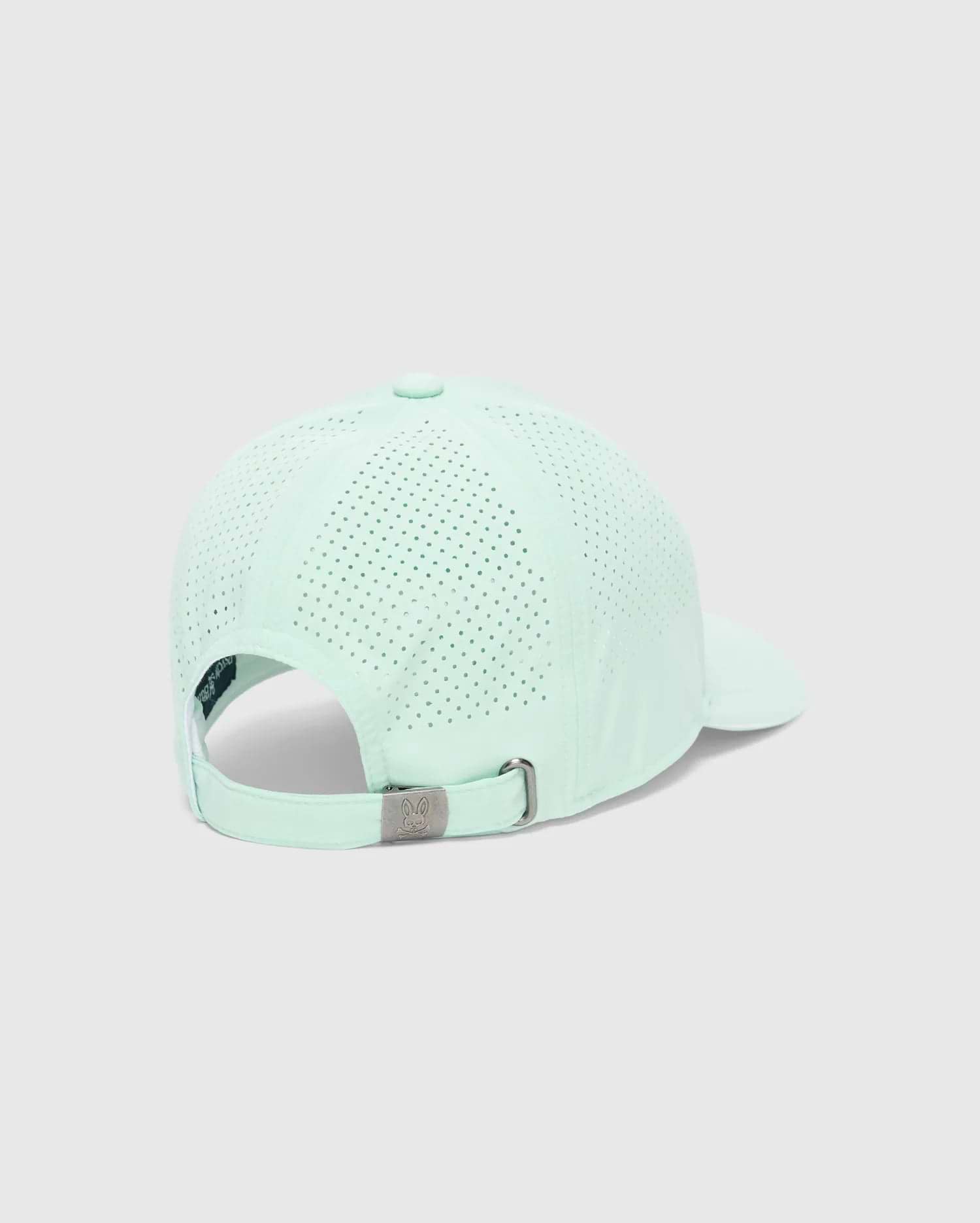 Mens Blaze Sport Cap in light mint green, featuring perforated side and back panels for breathability, a smooth front, and an adjustable strap with a silver-tone metal buckle embossed with the Psycho Bunny skull logo. (4)