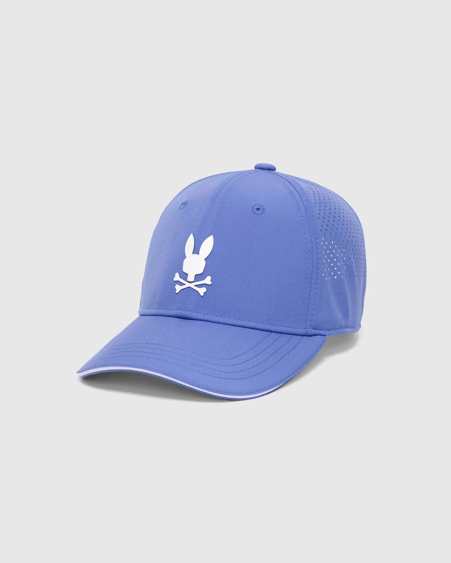 Mens Blaze Sport Cap in periwinkle, featuring a prominent white embroidered Psycho Bunny skull logo on the front, perforated side panels, and a white trim accent on the brim. (2)