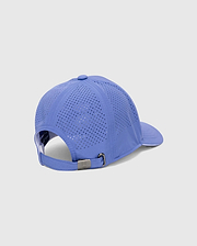 Periwinkle Blue Mens Blaze Sport Cap featuring perforated panels, an adjustable strap, and a metallic buckle with an embossed Psycho Bunny skull logo. (4)