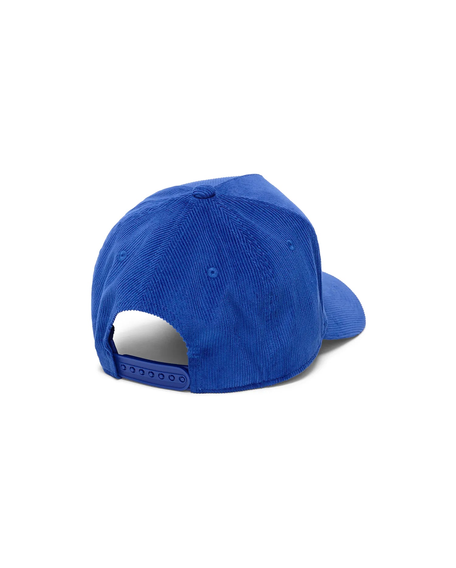 Mens Finnley Bunny Corduroy Trucker Cap, a vibrant royal blue cap with a distinct wide-wale corduroy texture and an adjustable blue snapback closure at the back.
