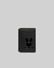 Black textured leather Bunny Card Case featuring multiple card slots and a prominent, glossy black Psycho Bunny skull logo centered on the front.