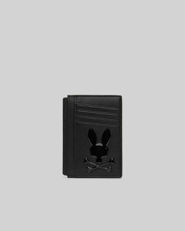 Black textured leather Bunny Card Case featuring multiple card slots and a prominent, glossy black Psycho Bunny skull logo centered on the front.