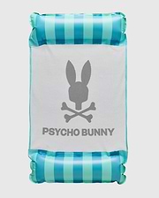 Mens Psycho Bunny Floating Hammock with blue and teal striped inflatable ends and a white mesh center featuring a large black Psycho Bunny skull logo and text.