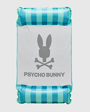 Mens Psycho Bunny Floating Hammock with blue and teal striped inflatable ends and a white mesh center featuring a large black Psycho Bunny skull logo and text.